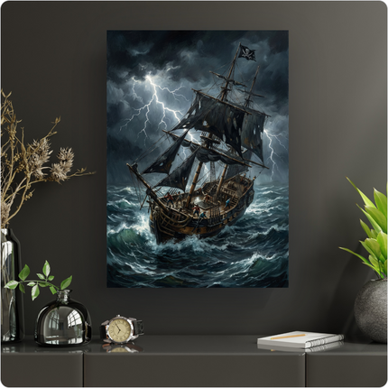 Affiche verticale représentant un grand voilier pirate avec des voiles noires déchirées, naviguant sur une mer déchaînée sous un ciel d'orage sombre, traversé par des éclairs lumineux. Le drapeau Jolly Roger flotte au mât principal. L'illustration est dramatique et détaillée, avec des teintes sombres de bleu, gris et noir, rehaussées par le blanc des vagues et des éclairs.