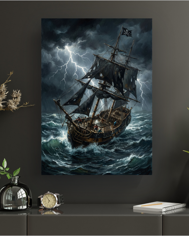 Affiche verticale représentant un grand voilier pirate avec des voiles noires déchirées, naviguant sur une mer déchaînée sous un ciel d'orage sombre, traversé par des éclairs lumineux. Le drapeau Jolly Roger flotte au mât principal. L'illustration est dramatique et détaillée, avec des teintes sombres de bleu, gris et noir, rehaussées par le blanc des vagues et des éclairs.
