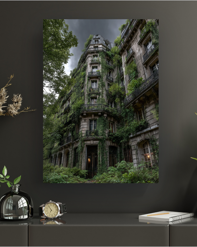 Affiche murale représentant un majestueux bâtiment haussmannien ancien à l'angle d'une rue, entièrement recouvert de lierre et de végétation luxuriante sous un ciel sombre et nuageux. Les fenêtres laissent transparaître une faible lumière chaude, créant une ambiance mystérieuse et poétique de nature reprenant ses droits sur l'architecture urbaine.