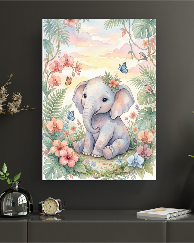 Affiche murale représentant une illustration en aquarelle douce d'un adorable bébé éléphant gris clair, assis au centre d'une jungle luxuriante. L'éléphanteau porte une couronne de fleurs corail et roses sur la tête et sourit doucement. Il est entouré de grandes feuilles tropicales vertes, de fleurs d'orchidées roses, corail et bleues, ainsi que de papillons bleus et oranges voletant. Deux petits oiseaux sont perchés sur les lianes. Le fond présente un ciel pastel aux nuances de rose, jaune et bleu. L'ense…