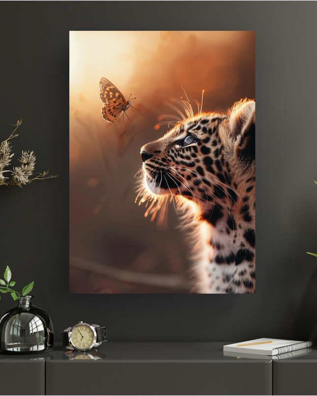 Affiche murale représentant un adorable bébé léopard au pelage tacheté, le regard tourné vers un papillon aux ailes orangées. La scène est baignée d'une lumière chaude et dorée, évoquant un lever ou coucher de soleil, avec un fond flou et lumineux. L'ambiance est douce et onirique, avec des détails fins sur la fourrure et les ailes du papillon.