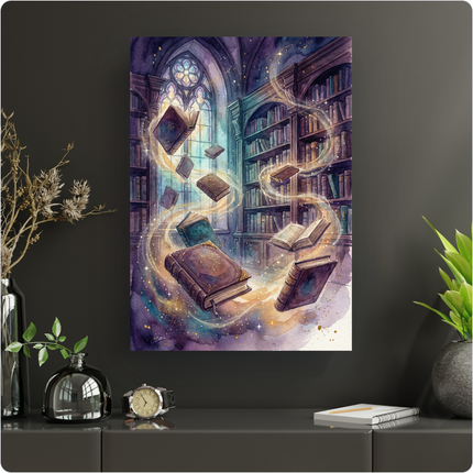 Affiche représentant une bibliothèque ancienne et sombre, éclairée par un vitrail gothique coloré, où des livres aux couvertures anciennes volent et tourbillonnent, entourés d'une lumière dorée et scintillante. Le style est une aquarelle aux teintes profondes de violet, bleu nuit et or, créant une atmosphère mystique et fantastique.