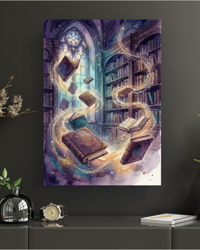 Affiche représentant une bibliothèque ancienne et sombre, éclairée par un vitrail gothique coloré, où des livres aux couvertures anciennes volent et tourbillonnent, entourés d'une lumière dorée et scintillante. Le style est une aquarelle aux teintes profondes de violet, bleu nuit et or, créant une atmosphère mystique et fantastique.