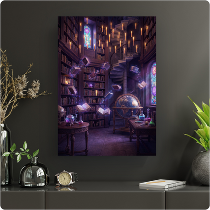 Affiche représentant une bibliothèque ancienne et mystérieuse, éclairée par de nombreuses bougies flottantes. Des livres ouverts lévitent dans l'air, entourés d'une aura magique violette. On y voit des étagères remplies de grimoires, un escalier en colimaçon, des vitraux colorés, un grand globe terrestre et une table avec une sphère de cristal et des fioles d'alchimiste. L'ambiance est sombre et enchantée.