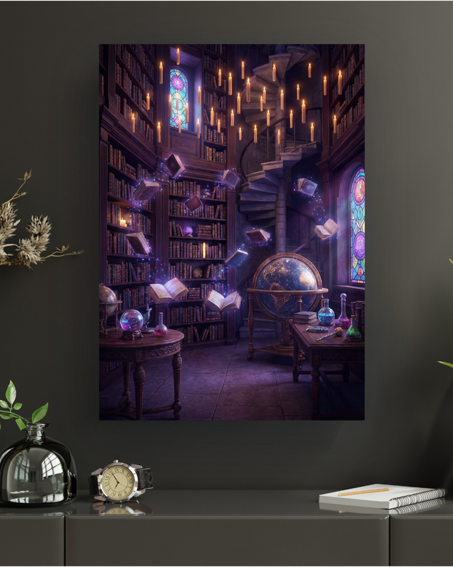Affiche représentant une bibliothèque ancienne et mystérieuse, éclairée par de nombreuses bougies flottantes. Des livres ouverts lévitent dans l'air, entourés d'une aura magique violette. On y voit des étagères remplies de grimoires, un escalier en colimaçon, des vitraux colorés, un grand globe terrestre et une table avec une sphère de cristal et des fioles d'alchimiste. L'ambiance est sombre et enchantée.