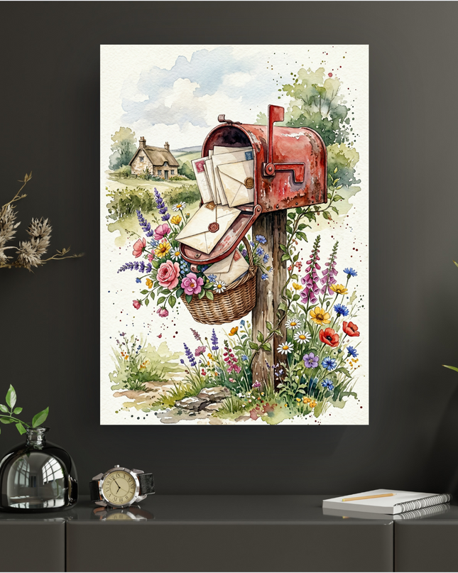 Affiche verticale illustrant une boîte aux lettres américaine vintage rouge rouillée, débordant de lettres scellées et d'un petit panier en osier rempli de fleurs sauvages colorées, incluant roses, campanules, coquelicots et marguerites. La boîte est fixée sur un poteau en bois, entourée d'une prairie fleurie. En arrière-plan, une charmante maison de campagne au toit de chaume se niche dans un paysage de collines verdoyantes sous un ciel parsemé de nuages blancs. L'illustration est réalisée dans un style a…