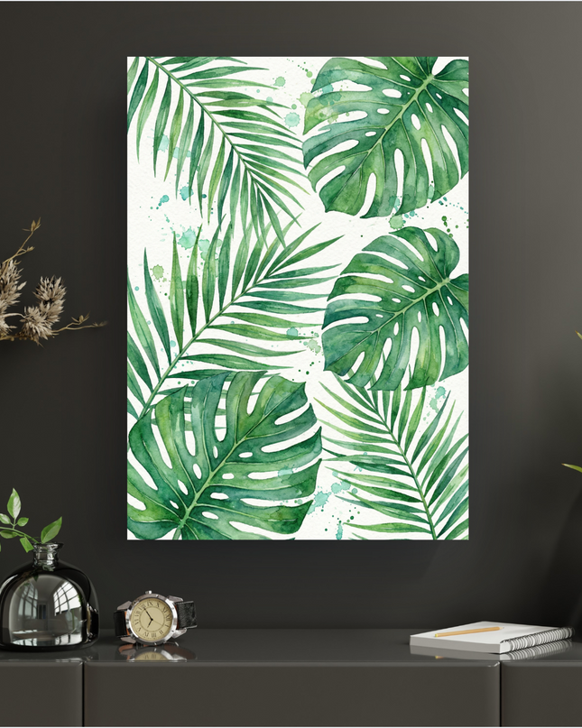 Affiche verticale illustrant des feuilles tropicales de monstera et de palmier en aquarelle, avec des éclaboussures de peinture verte et bleue sur un fond blanc texturé. L'affiche est présentée sur un mur sombre au-dessus d'un meuble moderne, entourée d'éléments de décoration comme un vase, une montre et une plante verte.