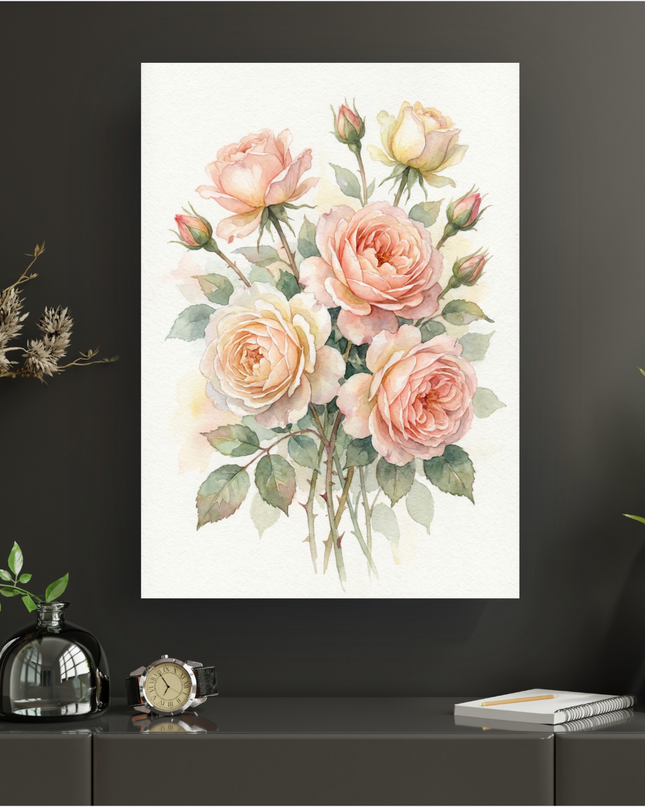 Affiche verticale représentant un bouquet de roses aux teintes pêche, crème et rose pâle, peintes à l'aquarelle sur un fond blanc texturé. Les fleurs sont accompagnées de feuilles vertes délicates et de bourgeons, créant une composition florale douce et lumineuse. L'ensemble dégage une atmosphère romantique et apaisante.
