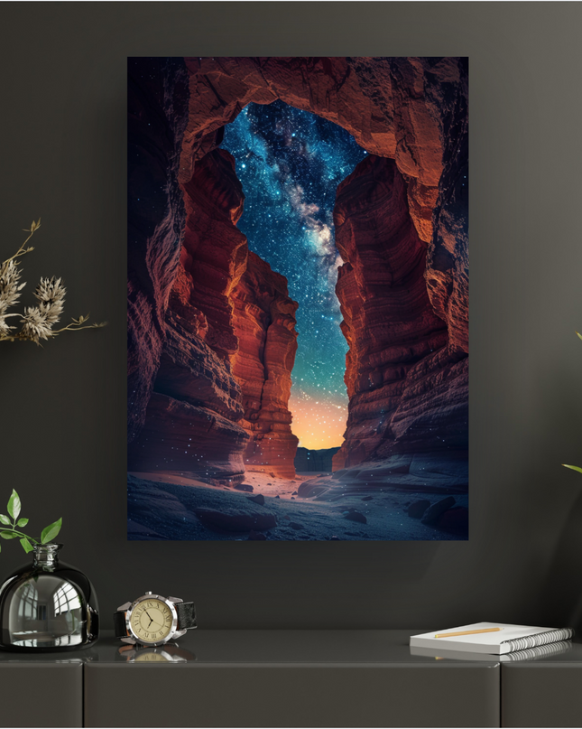 Affiche verticale représentant un canyon étroit et profond aux parois rocheuses texturées de couleurs ocre et rouge, sous un ciel nocturne d'un bleu profond et lumineux, constellé de milliers d'étoiles formant la Voie Lactée. Le sol du canyon est sablonneux et parsemé de petites roches, éclairé par une douce lueur lointaine à l'horizon. L'image évoque un paysage majestueux, mystérieux et onirique.
