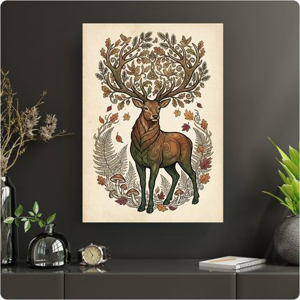 Affiche verticale représentant un cerf majestueux au style illustratif. Ses bois sont des branches d'arbre feuillues avec des glands et des oiseaux. Le corps du cerf est orné de motifs complexes. Autour de lui, des fougères, des champignons et des feuilles d'automne sont disposés en cercle. Le fond de l'affiche est de couleur crème vieillie, donnant un aspect vintage. Les couleurs dominantes sont le marron, le vert, l'orange et le rouge.
