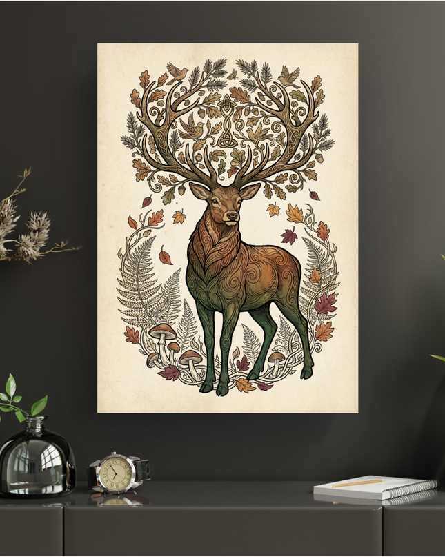 Affiche verticale représentant un cerf majestueux au style illustratif. Ses bois sont des branches d'arbre feuillues avec des glands et des oiseaux. Le corps du cerf est orné de motifs complexes. Autour de lui, des fougères, des champignons et des feuilles d'automne sont disposés en cercle. Le fond de l'affiche est de couleur crème vieillie, donnant un aspect vintage. Les couleurs dominantes sont le marron, le vert, l'orange et le rouge.