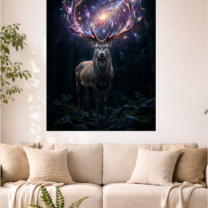 Affiche verticale représentant un cerf majestueux au pelage brun foncé, debout dans une forêt sombre et mystérieuse. Ses grands bois ramifiés sont illuminés et abritent une galaxie spirale aux couleurs vives de violet, rose et bleu, parsemée d'étoiles. Le cerf regarde droit devant lui, créant une atmosphère à la fois puissante et onirique. Le fond est composé d'arbres sombres et d'un sol rocailleux couvert de mousse, avec des jeux de lumière subtils.