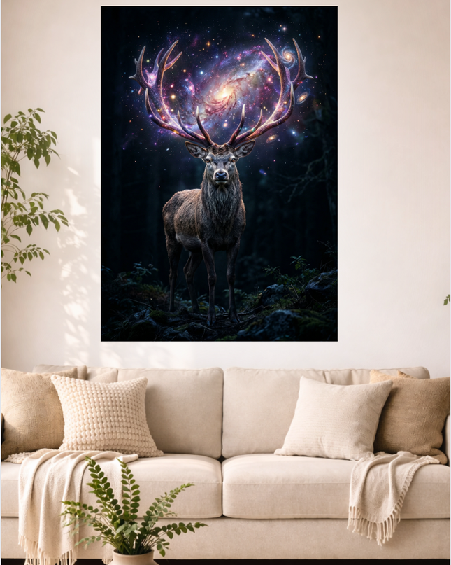 Affiche verticale représentant un cerf majestueux au pelage brun foncé, debout dans une forêt sombre et mystérieuse. Ses grands bois ramifiés sont illuminés et abritent une galaxie spirale aux couleurs vives de violet, rose et bleu, parsemée d'étoiles. Le cerf regarde droit devant lui, créant une atmosphère à la fois puissante et onirique. Le fond est composé d'arbres sombres et d'un sol rocailleux couvert de mousse, avec des jeux de lumière subtils.
