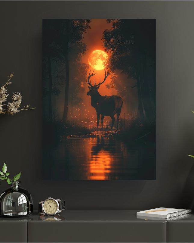 Affiche verticale représentant un cerf majestueux avec de grands bois, debout dans une étendue d'eau calme au milieu d'une forêt sombre. En arrière-plan, une immense lune ardente de couleur orange vif éclaire la scène, projetant des reflets intenses sur l'eau et créant une ambiance mystique. Des particules lumineuses flottent dans l'air, ajoutant à l'atmosphère féerique de cette scène nocturne.