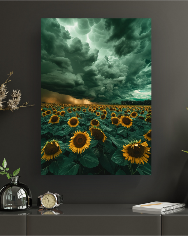 Affiche verticale représentant un vaste champ de tournesols aux fleurs jaunes éclatantes et aux feuilles vertes luxuriantes, sous un ciel d'orage spectaculaire et menaçant. Des nuages mammatus sombres et texturés, aux teintes vert-gris, dominent la partie supérieure du ciel, tandis qu'une lueur dorée à l'horizon suggère la fin de journée ou le soleil perçant la tempête. L'image est riche en contrastes et en détails, capturant la beauté dramatique et la puissance brute de la nature.