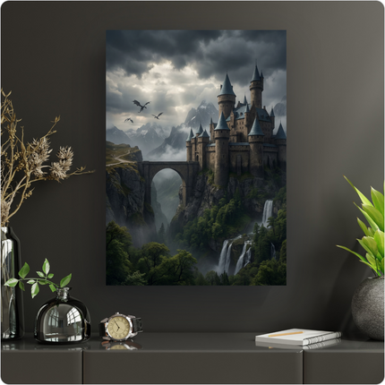 Affiche verticale représentant un majestueux château médiéval fantastique perché sur une falaise escarpée, avec des tours pointues et des toits bleus. Un grand pont en pierre enjambe une profonde gorge verdoyante. En arrière-plan, des montagnes enneigées se perdent dans la brume sous un ciel dramatique et nuageux, percé de quelques rayons de lumière. Trois dragons sombres volent dans le ciel. Au pied de la falaise, plusieurs cascades s'écoulent dans une forêt luxuriante.