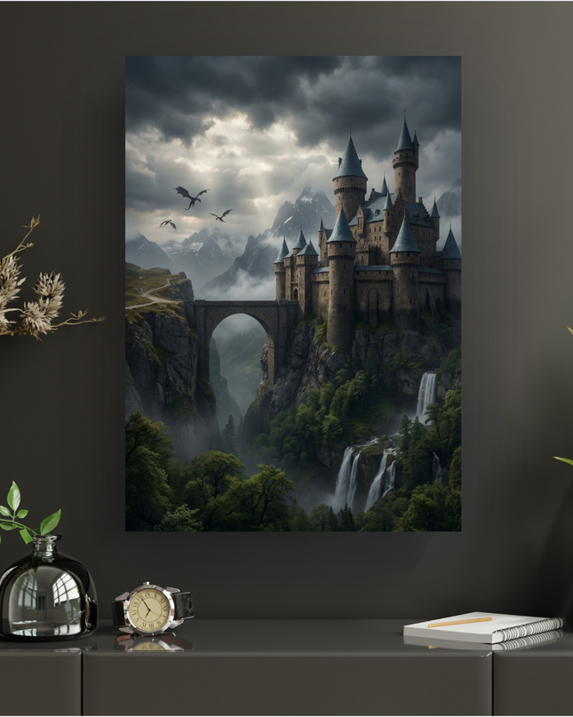 Affiche verticale représentant un majestueux château médiéval fantastique perché sur une falaise escarpée, avec des tours pointues et des toits bleus. Un grand pont en pierre enjambe une profonde gorge verdoyante. En arrière-plan, des montagnes enneigées se perdent dans la brume sous un ciel dramatique et nuageux, percé de quelques rayons de lumière. Trois dragons sombres volent dans le ciel. Au pied de la falaise, plusieurs cascades s'écoulent dans une forêt luxuriante.