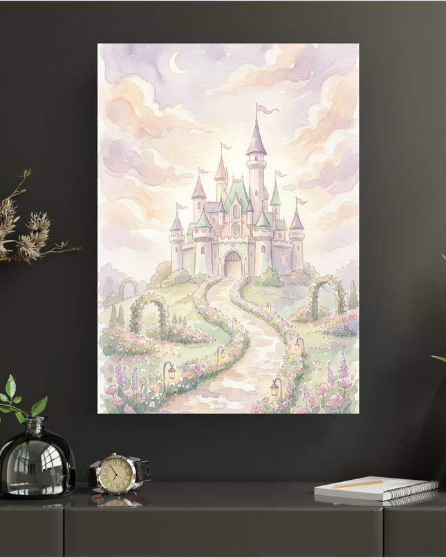 Affiche verticale représentant un majestueux château de conte de fées, peint à l'aquarelle dans des tons pastel de rose, lavande et vert pâle. Le château est perché sur une colline verdoyante, avec un chemin sinueux bordé de fleurs colorées et d'arches fleuries menant à son entrée. Le ciel est doux, parsemé de nuages aériens et d'un croissant de lune délicat, créant une atmosphère onirique et enchantée.