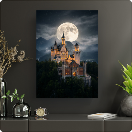 Affiche verticale représentant un majestueux château de style néo-romantique, illuminé de lumières chaudes, perché sur une colline verdoyante. Une immense pleine lune brillante domine le ciel étoilé, entourée de nuages vaporeux et de montagnes lointaines. L'ambiance est nocturne, féerique et légèrement brumeuse.