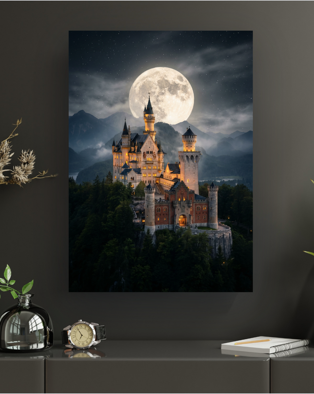 Affiche verticale représentant un majestueux château de style néo-romantique, illuminé de lumières chaudes, perché sur une colline verdoyante. Une immense pleine lune brillante domine le ciel étoilé, entourée de nuages vaporeux et de montagnes lointaines. L'ambiance est nocturne, féerique et légèrement brumeuse.