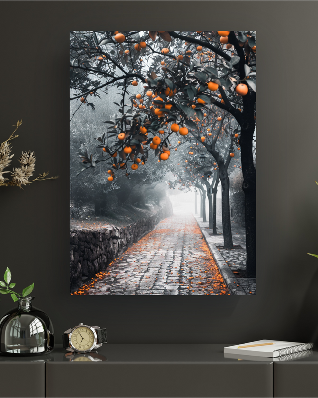 Affiche verticale représentant un chemin pavé et brumeux, bordé d'arbres aux troncs sombres et aux feuilles grisées. Les arbres sont chargés d'oranges vives et éclatantes, créant un contraste saisissant avec le fond monochrome. Des oranges tombées parsèment le chemin, ajoutant une touche de couleur chaude à l'ambiance mystérieuse et légèrement mélancolique de la scène. La brume diffuse au loin accentue la profondeur et l'atmosphère onirique.