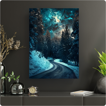 Affiche verticale présentant une route sinueuse et enneigée serpentant à travers une forêt dense de sapins recouverts de neige, sous un ciel nocturne spectaculaire. Le ciel est parsemé d'étoiles scintillantes et de nébuleuses aux teintes bleues, turquoise et orangées, créant une atmosphère mystérieuse et féerique.