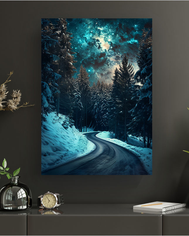 Affiche verticale présentant une route sinueuse et enneigée serpentant à travers une forêt dense de sapins recouverts de neige, sous un ciel nocturne spectaculaire. Le ciel est parsemé d'étoiles scintillantes et de nébuleuses aux teintes bleues, turquoise et orangées, créant une atmosphère mystérieuse et féerique.