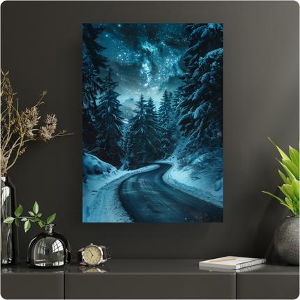 Affiche murale verticale représentant une route enneigée serpentant à travers une forêt dense de sapins recouverts de neige, sous un ciel nocturne profond et étoilé, illuminé par une nébuleuse bleutée et des milliers d'étoiles scintillantes. Des flocons de neige tombent doucement. L'ambiance est hivernale, mystérieuse et magique.