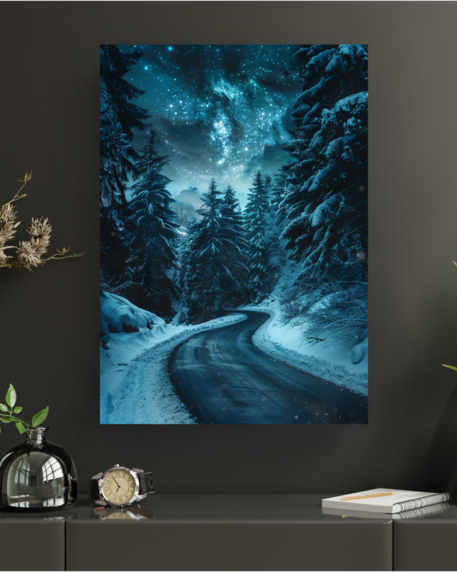 Affiche murale verticale représentant une route enneigée serpentant à travers une forêt dense de sapins recouverts de neige, sous un ciel nocturne profond et étoilé, illuminé par une nébuleuse bleutée et des milliers d'étoiles scintillantes. Des flocons de neige tombent doucement. L'ambiance est hivernale, mystérieuse et magique.