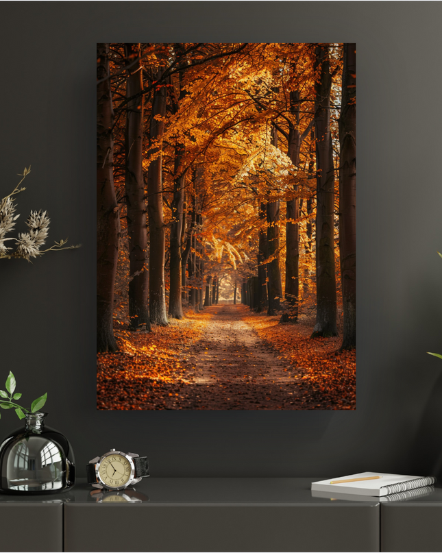 Affiche verticale représentant un chemin de terre sinueux traversant une forêt en automne. Les arbres hauts sont bordés de feuilles aux teintes éclatantes d'orange, de jaune et de roux, créant un tunnel de lumière. Le sol est jonché de feuilles mortes dans les mêmes couleurs chaudes. La lumière du soleil filtre à travers le feuillage lointain, illuminant le chemin et créant une atmosphère douce et enveloppante.