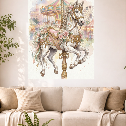 Affiche murale représentant un cheval de carrousel blanc richement décoré de roses et de rubans pastel, sur un pilier doré orné, avec un arrière-plan flou d'une fête foraine, d'un manège et d'une grande roue, le tout dans un style illustration aquarelle douce et lumineuse.