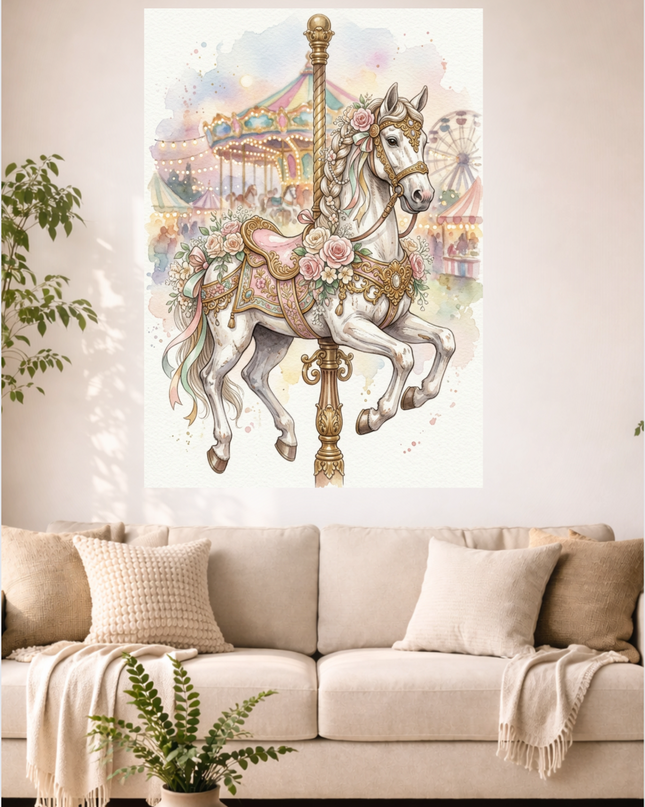 Affiche murale représentant un cheval de carrousel blanc richement décoré de roses et de rubans pastel, sur un pilier doré orné, avec un arrière-plan flou d'une fête foraine, d'un manège et d'une grande roue, le tout dans un style illustration aquarelle douce et lumineuse.
