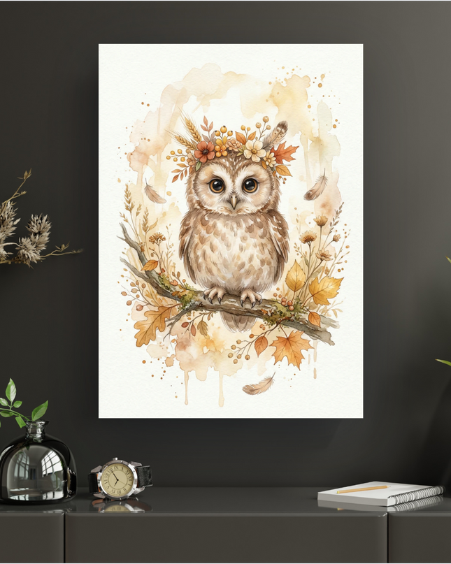 Affiche verticale représentant une illustration aquarelle d'une adorable petite chouette aux grands yeux ronds et expressifs. Elle est perchée sur une branche ornée de feuilles d'automne, de baies rouges et de petites fleurs. La chouette porte une délicate couronne composée de fleurs aux tons chauds, d'épis de blé et de feuilles automnales. Le fond est un lavis doux d'aquarelle dans les tons beige, ocre et orange, avec quelques éclaboussures et des plumes flottantes, évoquant une ambiance douce et naturell…