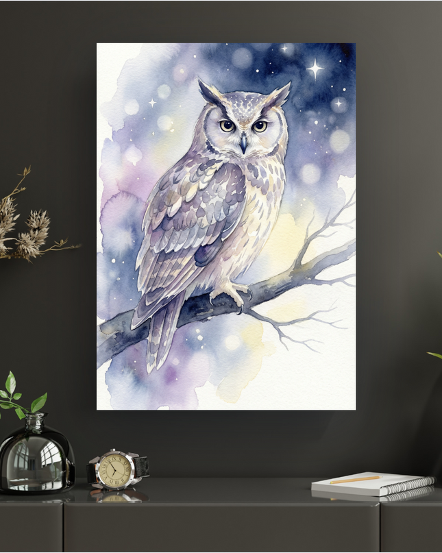 Une affiche verticale représentant une chouette aux plumes claires, blanches et grises, perchée sur une branche d'arbre. L'illustration est réalisée dans un style aquarelle doux et éthéré. Le fond évoque une nuit étoilée et magique, avec des nuances de bleu foncé, violet et rose pâle, parsemé d'étoiles scintillantes et de cercles lumineux flous (bokeh). La chouette regarde droit devant avec de grands yeux jaunes et un air serein.
