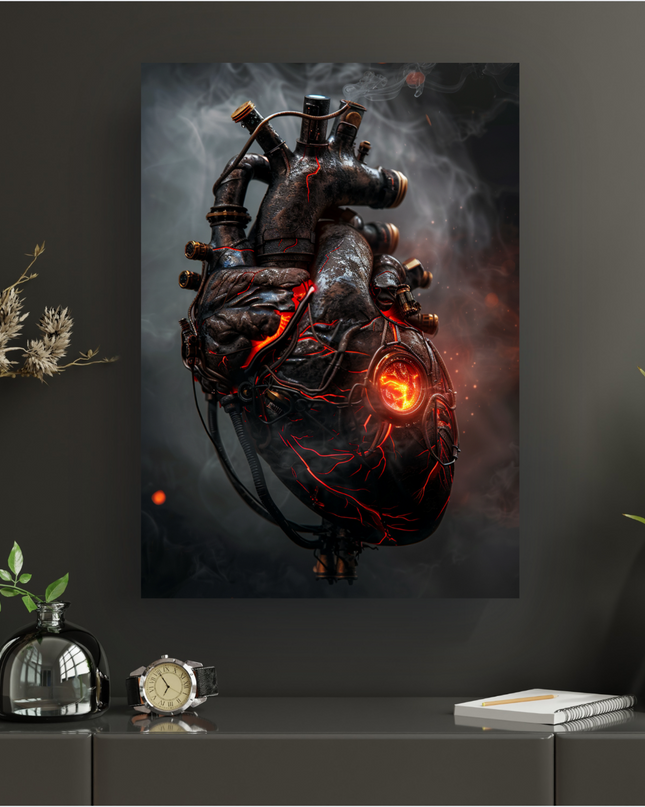 Une affiche verticale représentant un cœur mécanique complexe de style steampunk, fait de métal sombre et rouillé, avec des tuyaux, des engrenages et des fils. Le centre du cœur et ses veines sont illuminés par une lueur orange incandescente, et de la fumée s'échappe de sa partie supérieure, créant une ambiance mystérieuse et dramatique sur un fond sombre.