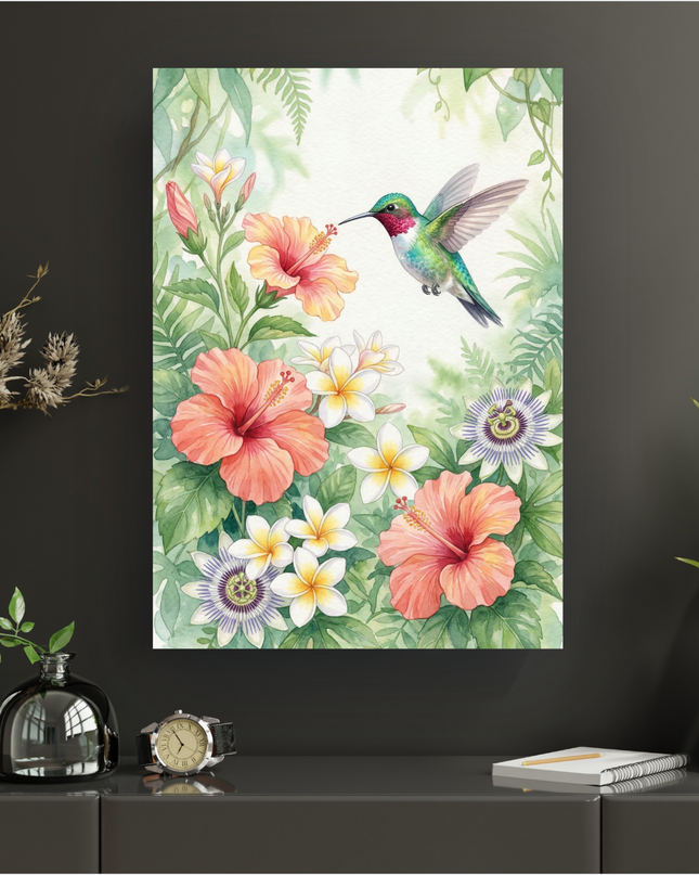 Une affiche verticale présentant une illustration à l'aquarelle d'un colibri aux couleurs vives (vert, rouge, blanc) butinant le nectar d'une fleur d'hibiscus rose-orangé. L'oiseau est en vol, les ailes déployées. Il est entouré d'une luxuriante végétation tropicale avec d'autres fleurs d'hibiscus, des fleurs de frangipanier (plumeria) blanches et jaunes, et des passiflores violettes, le tout sur un fond vert clair et feuillu. Le style est doux et lumineux, évoquant une atmosphère de jardin luxuriant.