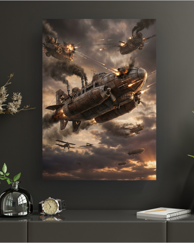Affiche murale représentant une scène de combat aérien épique dans un univers steampunk. Un grand dirigeable métallique et rouillé, équipé de turbines et de cheminées fumantes, est au centre, essuyant des tirs et montrant des explosions. Autour de lui, d'autres vaisseaux aériens plus petits et des biplans s'affrontent dans un ciel orageux aux teintes orange et grises d'un coucher de soleil. L'ambiance est sombre, dramatique et pleine d'action.