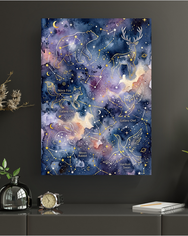 Affiche murale représentant une illustration aquarelle de constellations animales dorées sur un fond cosmique aux teintes de bleu nuit, violet et orange. On y voit un ours, un cerf, un renard, un hibou, un lapin et un cygne formés par des étoiles scintillantes, avec des lunes et des planètes discrètes. L'ensemble évoque un univers onirique et céleste, parfait pour une décoration murale inspirante.