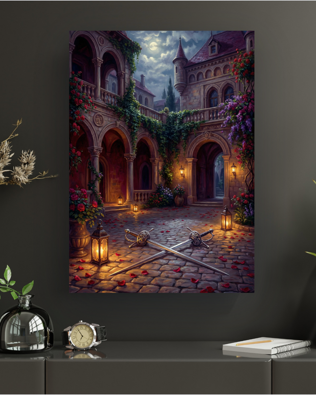 Poster vertical représentant une cour de château médiéval ou fantastique la nuit, éclairée par la pleine lune et des lanternes. L'architecture en pierre est ornée de roses rouges et de lierre grimpant. Au premier plan, deux épées sont croisées sur un sol pavé parsemé de pétales de roses rouges. L'ambiance est mystérieuse et romantique.