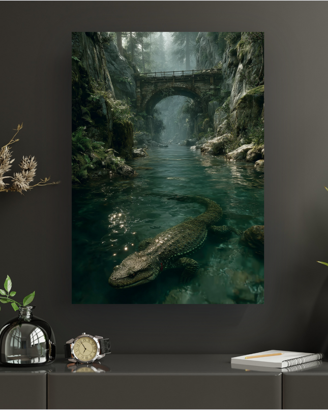 Affiche verticale représentant un grand crocodile ou alligator nageant calmement dans une rivière aux eaux claires et verdâtres. Au-dessus de l'eau, un ancien pont de pierre voûté enjambe la rivière, encadré par des falaises rocheuses abruptes et luxuriantes, couvertes de mousse et de fougères. En arrière-plan, une forêt dense et brumeuse s'étend, baignée d'une lumière diffuse qui crée des reflets scintillants sur la surface de l'eau. L'ambiance générale est mystérieuse, sauvage et immersive.