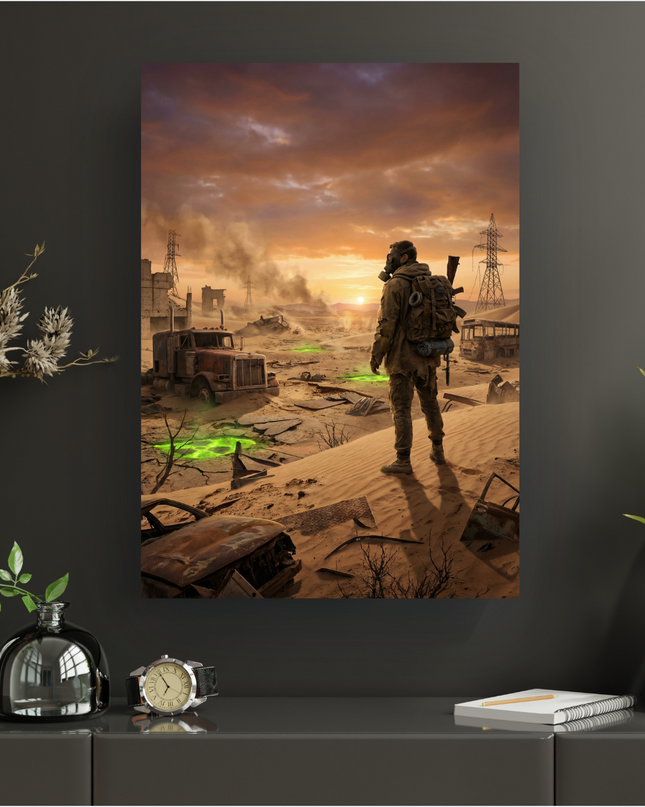 Affiche murale représentant un paysage désertique post-apocalyptique au coucher du soleil. Un survivant solitaire, portant un masque à gaz et un sac à dos, se tient sur une dune de sable, observant l'horizon. Autour de lui, des bâtiments en ruine, un camion rouillé, des carcasses de voitures et des pylônes électriques délabrés parsèment le paysage. Des flaques de liquide vert fluorescent, suggérant une contamination toxique, brillent sur le sable. Le ciel est teinté d'orange, de violet et de gris, créant u…