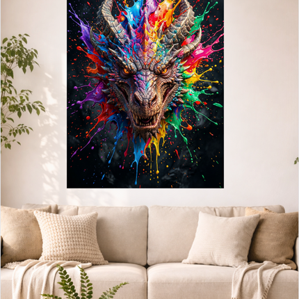 Affiche murale représentant un portrait frontal détaillé d'un dragon fantastique aux écailles grises et bleues, avec des cornes proéminentes. Des éclaboussures de peinture vives et multicolores (rouge, orange, jaune, vert, bleu, violet, rose) jaillissent dynamiquement de sa tête et de son cou, créant un effet explosif sur un fond noir profond. Ses yeux sont d'un jaune intense et perçant, ajoutant à son allure puissante.
