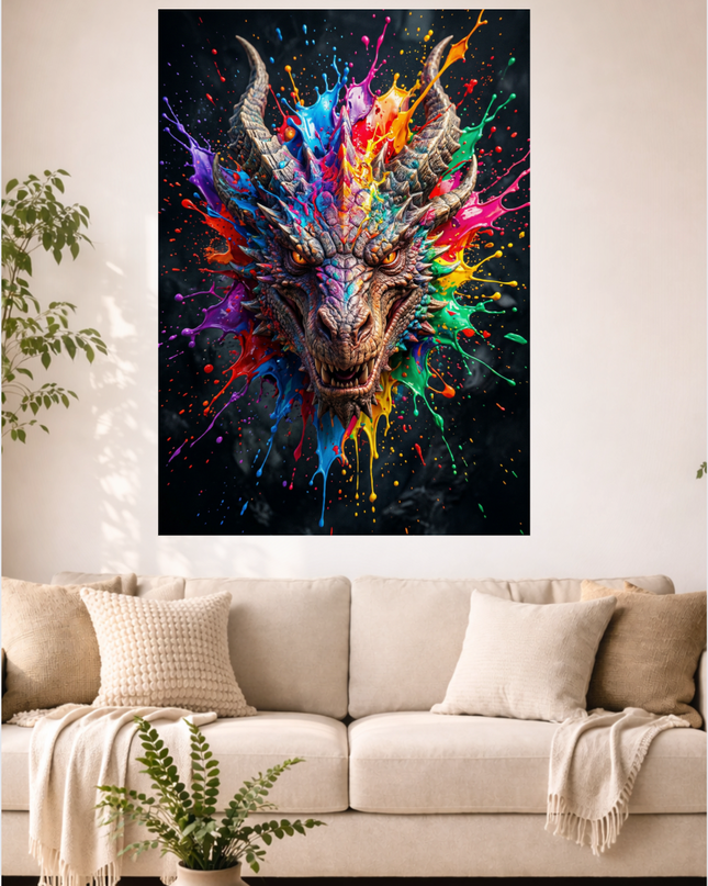 Affiche murale représentant un portrait frontal détaillé d'un dragon fantastique aux écailles grises et bleues, avec des cornes proéminentes. Des éclaboussures de peinture vives et multicolores (rouge, orange, jaune, vert, bleu, violet, rose) jaillissent dynamiquement de sa tête et de son cou, créant un effet explosif sur un fond noir profond. Ses yeux sont d'un jaune intense et perçant, ajoutant à son allure puissante.
