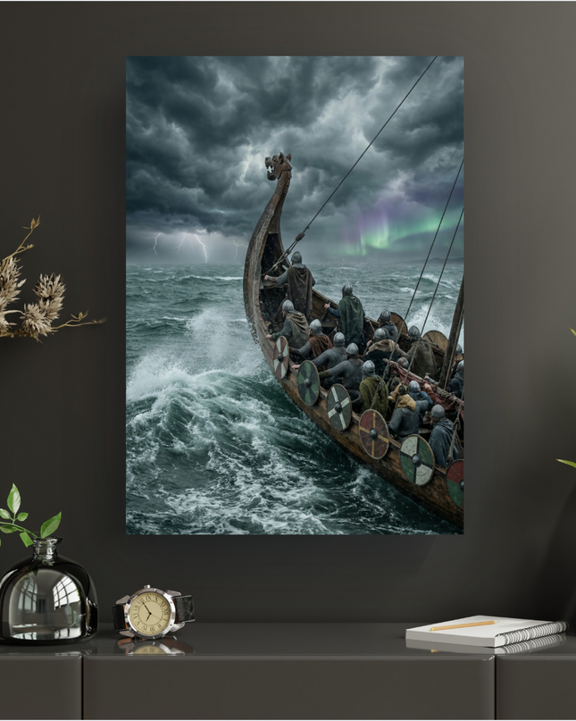 Affiche murale représentant un drakkar viking sur une mer déchaînée sous un ciel d'orage menaçant. Des éclairs zèbrent le ciel et une aurore boréale verte et violette illumine l'horizon. Le bateau en bois est rempli de guerriers vêtus de capes et de casques, avec des boucliers ronds et colorés alignés sur les flancs, bravant les vagues écumantes.