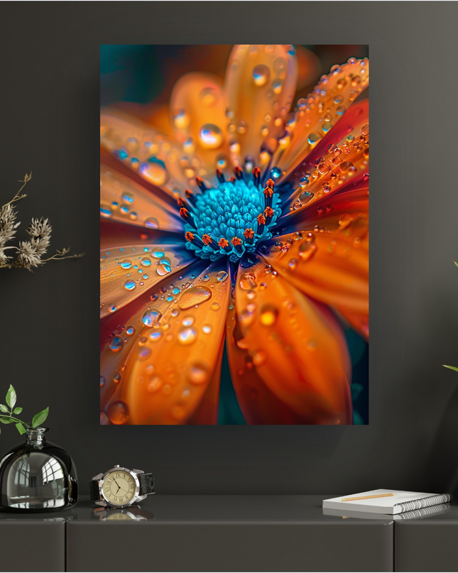 Une affiche verticale en gros plan montrant une fleur aux pétales orange vif et au cœur bleu intense, entièrement recouverte de milliers de petites gouttes d'eau scintillantes. Le fond est sombre et flou, mettant en valeur la texture et les couleurs éclatantes de la fleur et des perles d'eau. La lumière se reflète dans les gouttes, créant des points lumineux et un effet de profondeur saisissant.