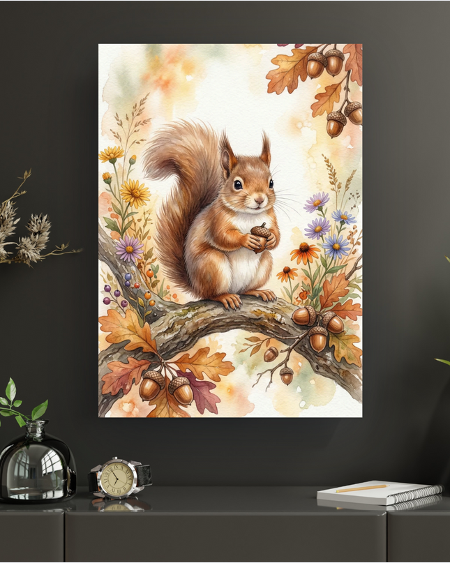 Affiche verticale présentant une illustration délicate à l'aquarelle d'un écureuil roux au pelage duveteux et à la queue touffue. L'écureuil est assis sur une branche d'arbre, tenant un gland dans ses petites pattes. La branche est parsemée de feuilles de chêne aux couleurs chaudes de l'automne (orange, marron, rouge), de glands mûrs, et de petites fleurs sauvages aux teintes variées (jaune, violet, orange) ainsi que de baies. L'arrière-plan est un doux lavis de couleurs pastel et lumineuses, évoquant une…