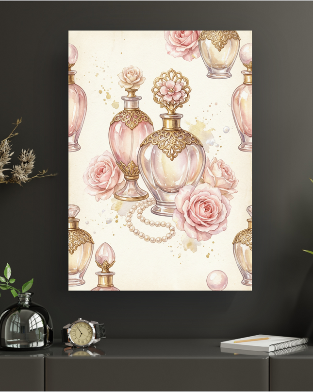 Affiche verticale illustrant un motif répété de flacons de parfum vintage en verre rose pâle et or, ornés de détails baroques dorés. Ils sont entourés de roses poudrées en pleine floraison, de colliers de perles blanches et de délicates éclaboussures d'aquarelle dorée sur un fond crème texturé. L'ensemble dégage une atmosphère douce, luxueuse et intemporelle.