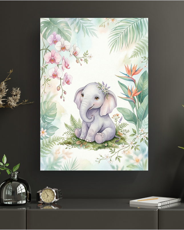 Affiche verticale illustrant un adorable éléphanteau gris clair assis au centre, orné d'une couronne de petites fleurs violettes. L'illustration est réalisée à l'aquarelle avec des teintes douces de vert, rose et bleu pâle. L'éléphanteau est entouré d'une végétation luxuriante tropicale, incluant des feuilles de palmier, des fougères, des orchidées roses et des oiseaux de paradis orange et bleus. Le fond est un dégradé doux de vert et de bleu ciel, évoquant une atmosphère de jungle lumineuse et enchantée.
