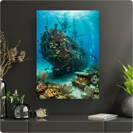 Affiche verticale représentant une épave de galion ancien et majestueux reposant sur le fond sablonneux de l'océan, richement colonisée par des coraux multicolores et des anémones. Des bancs de poissons tropicaux aux couleurs vives nagent autour du navire. Au premier plan, un coffre au trésor ouvert déborde de pièces d'or, de colliers de perles et de bijoux scintillants. Des rayons de soleil filtrent à travers la surface de l'eau turquoise, illuminant la scène. Deux plongeurs équipés explorent l'épave au l…