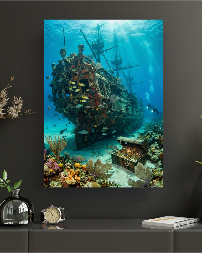 Affiche verticale représentant une épave de galion ancien et majestueux reposant sur le fond sablonneux de l'océan, richement colonisée par des coraux multicolores et des anémones. Des bancs de poissons tropicaux aux couleurs vives nagent autour du navire. Au premier plan, un coffre au trésor ouvert déborde de pièces d'or, de colliers de perles et de bijoux scintillants. Des rayons de soleil filtrent à travers la surface de l'eau turquoise, illuminant la scène. Deux plongeurs équipés explorent l'épave au l…